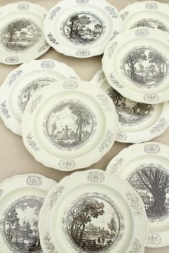 catalog photo of 10 Wedgwood china dinner plates, black transferware scenes of Williamsburg