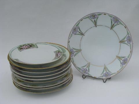 photo of 10 antique hand-painted china plates, art nouveau & art deco vintage flowers #1