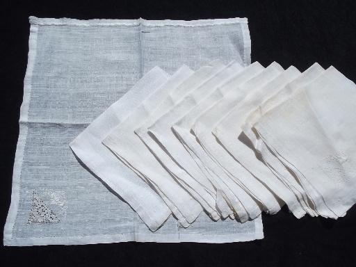 photo of 10 fine pure linen napkins, vintage needle lace and padded embroidery #1