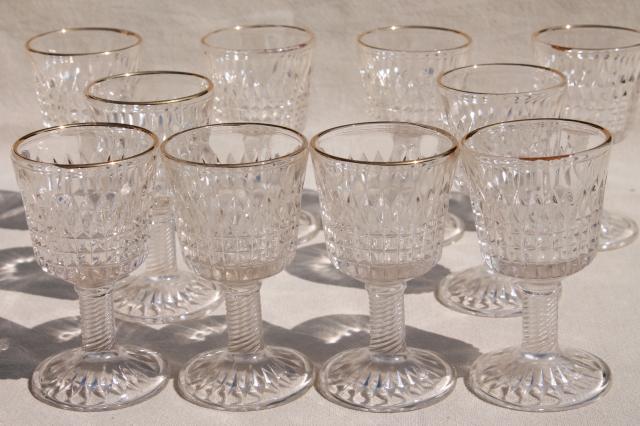 photo of 10 tiny wine glasses, antique EAPG wines w/ gold trim, twist spiral stems #2