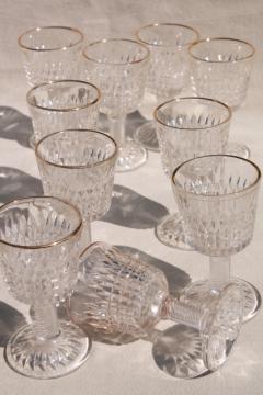 catalog photo of 10 tiny wine glasses, antique EAPG wines w/ gold trim, twist spiral stems