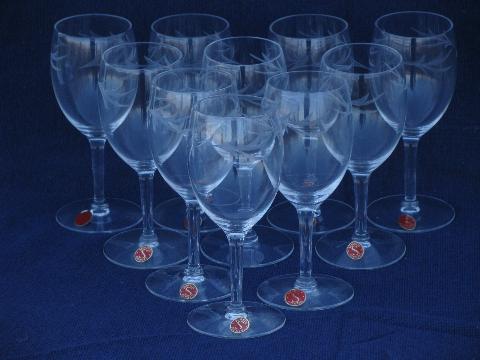 photo of 10 unused vintage Seneca glass label wine glasses, wheel-cut leaves #1