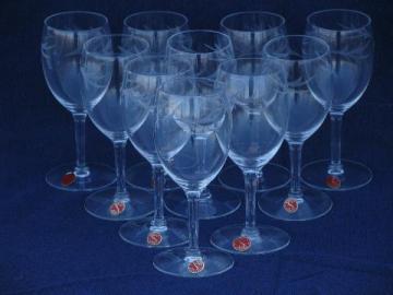 catalog photo of 10 unused vintage Seneca glass label wine glasses, wheel-cut leaves