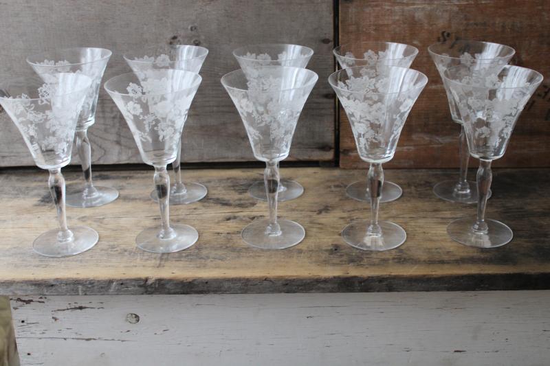 photo of 10 vintage water / wine glasses, etched rose elegant glass Morgantown Picardy Richelieu</ #1