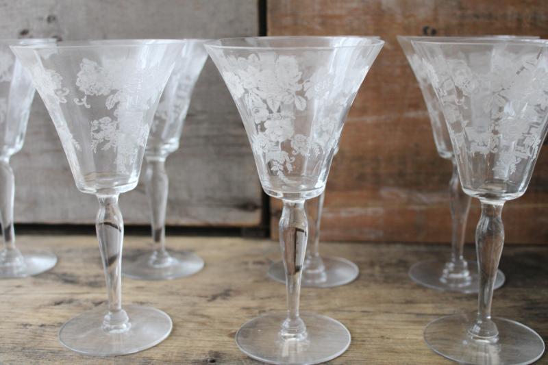 photo of 10 vintage water / wine glasses, etched rose elegant glass Morgantown Picardy Richelieu</ #2