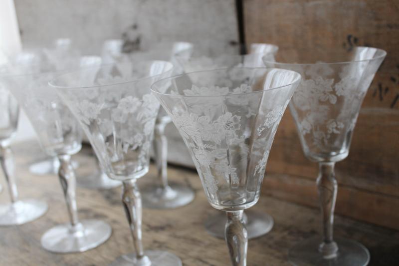 photo of 10 vintage water / wine glasses, etched rose elegant glass Morgantown Picardy Richelieu</ #4