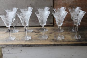 catalog photo of 10 vintage water / wine glasses, etched rose elegant glass Morgantown Picardy Richelieu</