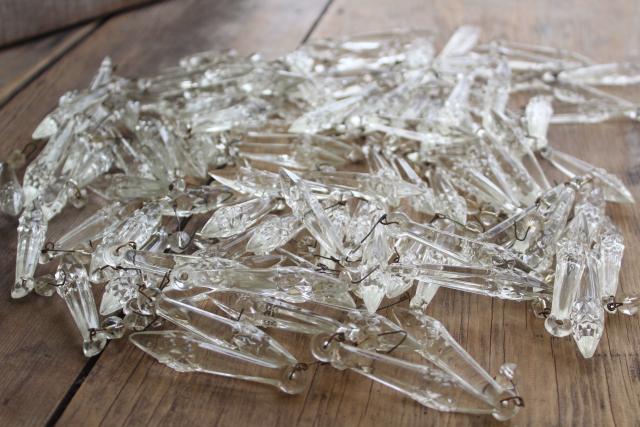 photo of 100+ antique pressed glass prisms or lusters, vintage chandelier teardrops w/ waffle pattern #1