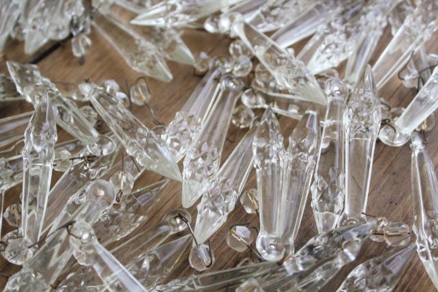 photo of 100+ antique pressed glass prisms or lusters, vintage chandelier teardrops w/ waffle pattern #2