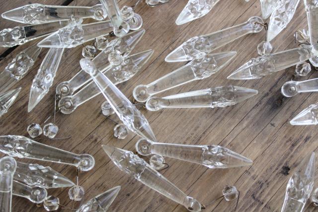 photo of 100+ antique pressed glass prisms or lusters, vintage chandelier teardrops w/ waffle pattern #6