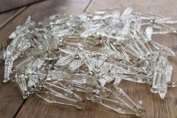 100+ antique pressed glass prisms or lusters, vintage chandelier teardrops w/ waffle pattern