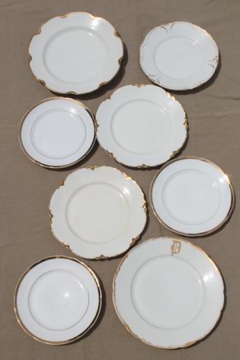 photo of 100 antique vintage mismatched china plates perfect for weddings, pure white w/ gold mixed patterns #3