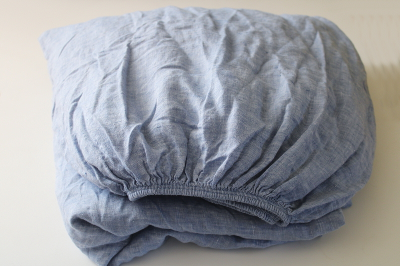 photo of 100% linen never used Lands End bed sheet fitted king size soft washed linen fabric chambray blue  #1