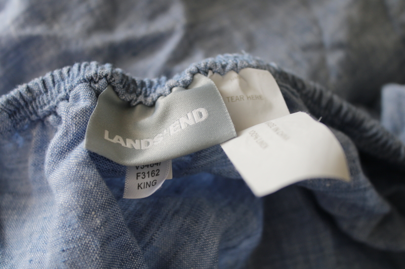 photo of 100% linen never used Lands End bed sheet fitted king size soft washed linen fabric chambray blue  #2