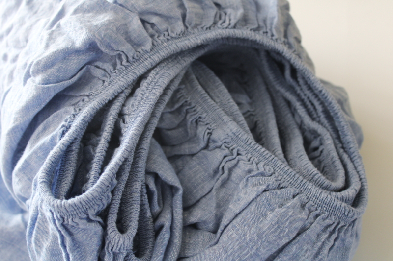 photo of 100% linen never used Lands End bed sheet fitted king size soft washed linen fabric chambray blue  #3