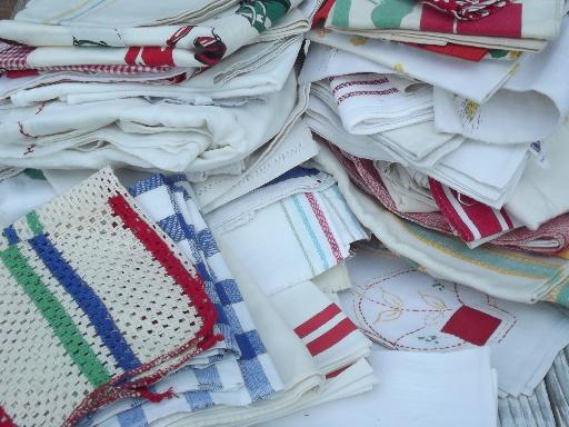 photo of 100+ vintage kitchen linens, feedsack and print dish towels, napkins, cloths #1