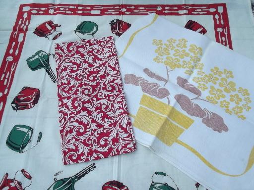 photo of 100+ vintage kitchen linens, feedsack and print dish towels, napkins, cloths #3