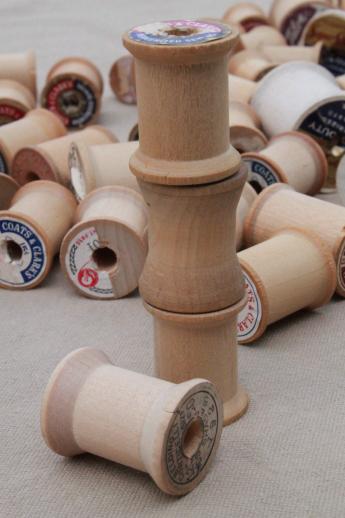 photo of 100 vintage wooden spools, old sewing thread spools, primitive wood spool lot #3