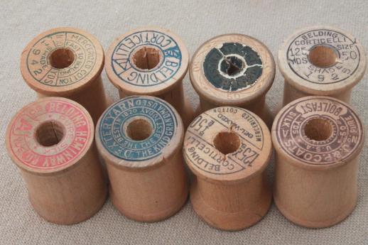 photo of 100 vintage wooden spools, old sewing thread spools, primitive wood spool lot #4