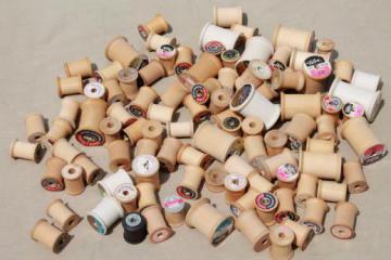 catalog photo of 100 vintage wooden spools, old sewing thread spools, primitive wood spool lot