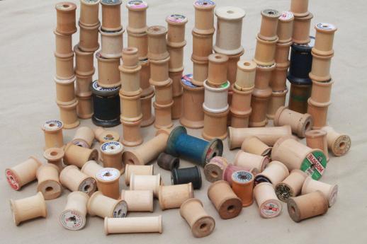 photo of 100 vintage wooden spools, old sewing thread spools, primitive wood spool lot #1