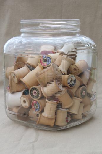 photo of 100 vintage wooden spools, old sewing thread spools, primitive wood spool lot #1