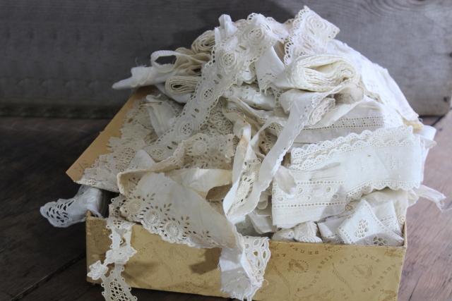 photo of 100s of pieces of antique & vintage cotton eyelet embroidered trim, edgings, flounces #1