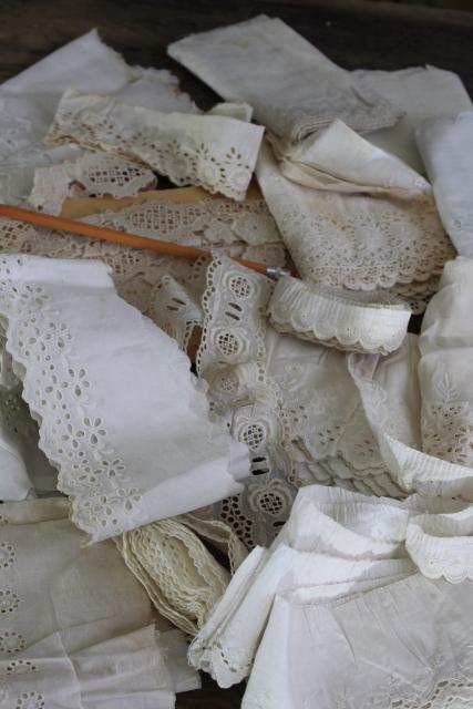 photo of 100s of pieces of antique & vintage cotton eyelet embroidered trim, edgings, flounces #17