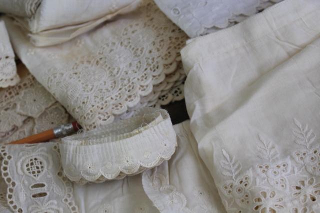 photo of 100s of pieces of antique & vintage cotton eyelet embroidered trim, edgings, flounces #20