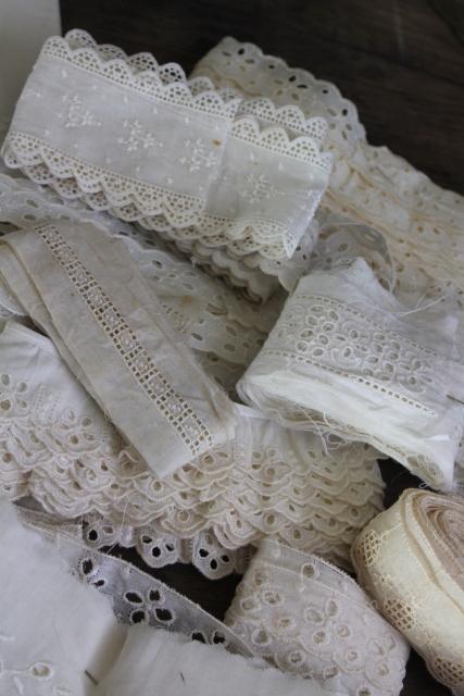 photo of 100s of pieces of antique & vintage cotton eyelet embroidered trim, edgings, flounces #22