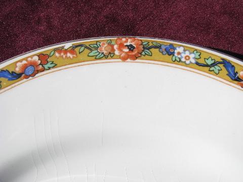 photo of 12 antique Johnson Bros china plates, oriental floral on mustard gold #3