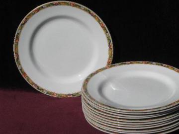 catalog photo of 12 antique Johnson Bros china plates, oriental floral on mustard gold