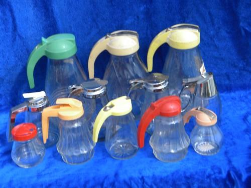 photo of 12 collectible vintage glass syrup pitchers, old kitchenware pitcher lot #1