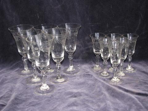 photo of 12 etched glass cordials or sherry glasses, tiny stemmed goblets, vintage Japan #1