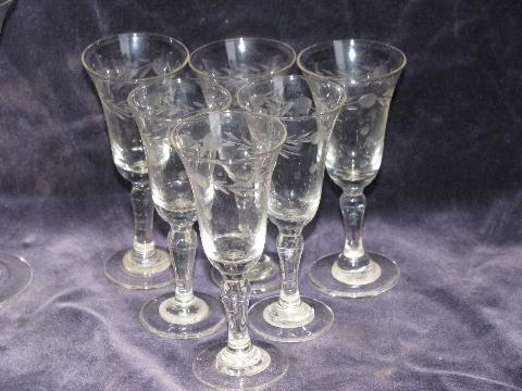 photo of 12 etched glass cordials or sherry glasses, tiny stemmed goblets, vintage Japan #3
