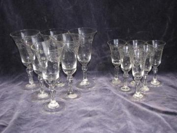 catalog photo of 12 etched glass cordials or sherry glasses, tiny stemmed goblets, vintage Japan