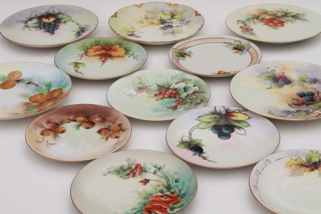 photo of 12 mismatched antique hand painted china plates, autumn summer harvest fruit & flowers #1