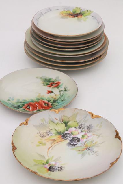 photo of 12 mismatched antique hand painted china plates, autumn summer harvest fruit & flowers #9