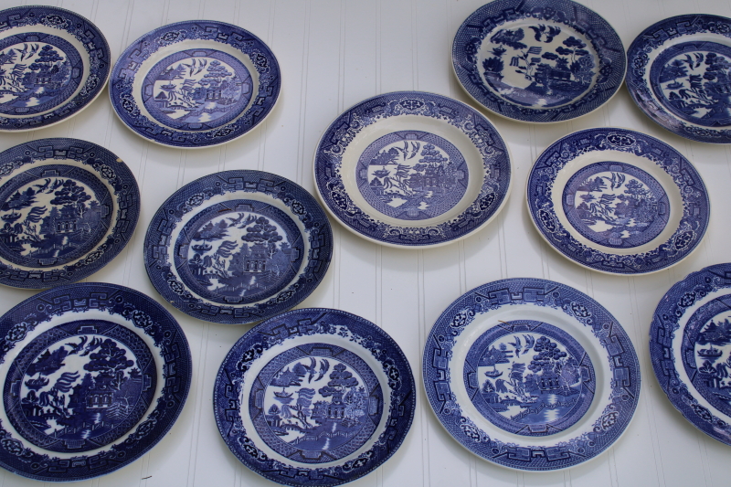 photo of 12 mismatched vintage blue white china plates, all blue willow patterns most England #1