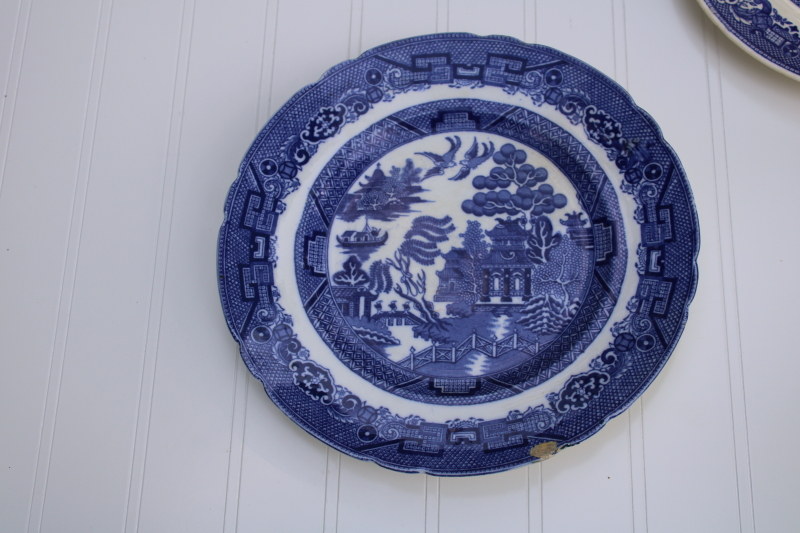 photo of 12 mismatched vintage blue white china plates, all blue willow patterns most England #6