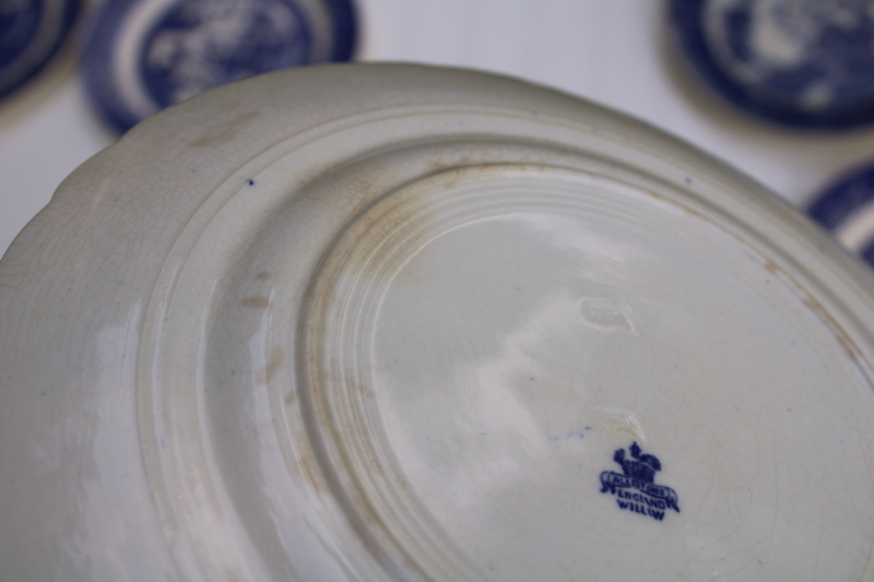 photo of 12 mismatched vintage blue white china plates, all blue willow patterns most England #7