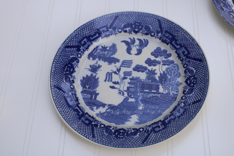 photo of 12 mismatched vintage blue white china plates, all blue willow patterns most England #10