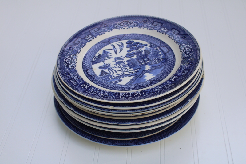 photo of 12 mismatched vintage blue white china plates, all blue willow patterns most England #19