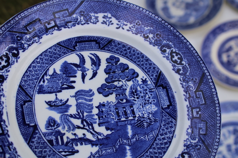 photo of 12 mismatched vintage blue white china plates, all blue willow patterns most England #23