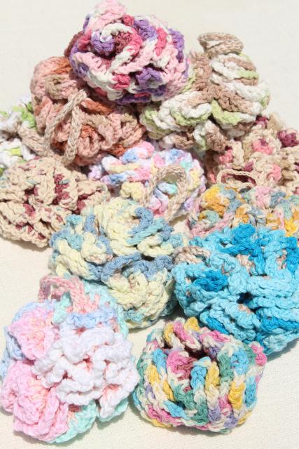 photo of 12 new hand knit crochet cotton wash cloth bath puff, round scrubby poofs for the shower #1