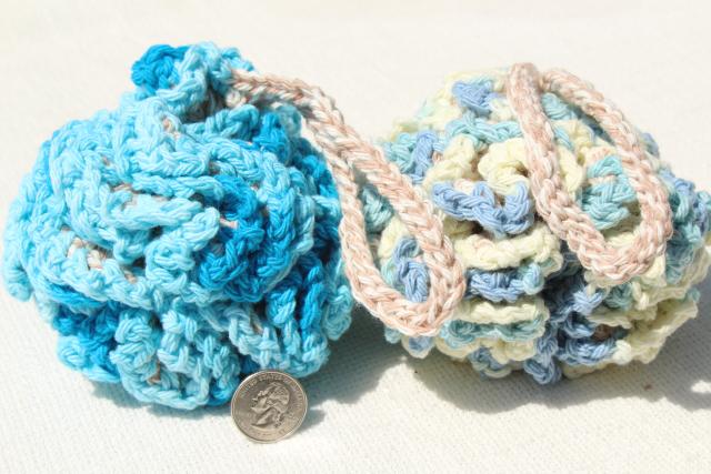 photo of 12 new hand knit crochet cotton wash cloth bath puff, round scrubby poofs for the shower #2