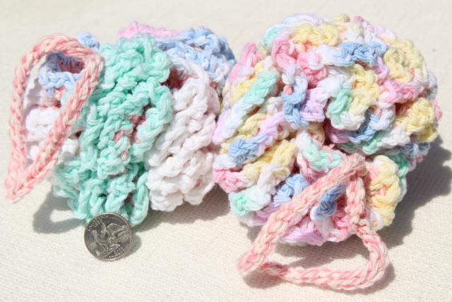 photo of 12 new hand knit crochet cotton wash cloth bath puff, round scrubby poofs for the shower #5