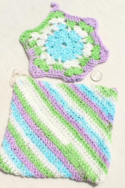 photo of 12 new hand knit crochet cotton washcloths, dish cloths or pot holders w/ hanging loops #3