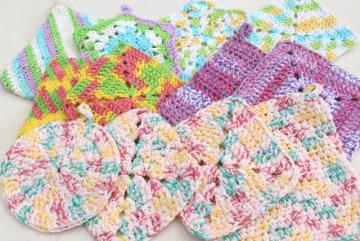 catalog photo of 12 new hand knit crochet cotton washcloths, dish cloths or pot holders w/ hanging loops