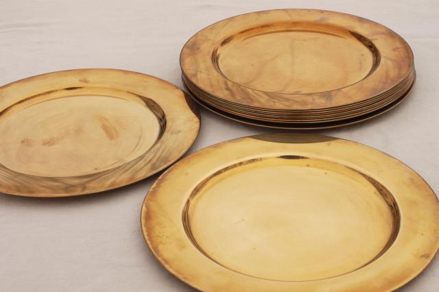 photo of 12 solid brass charger plates, vintage dinner plates for a medieval banquet table #1